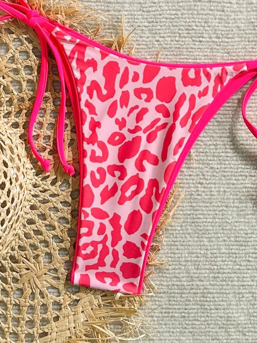 Watermelon pink Leopard Print Spaghetti Strap Tie Women's Beach Bikini Set